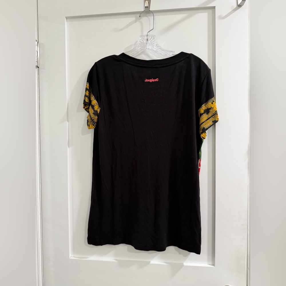 Desigual black short sleeve v neck w/ many patterns (fits like a large) - Picture 10 of 16